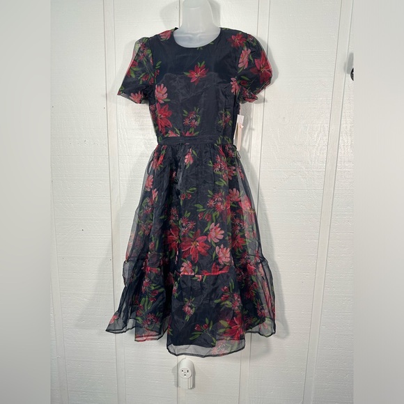 Rachel Parcell Black Orchard Floral Print Tulle Short Sleeve Dress Size 8 NWT - Picture 2 of 14